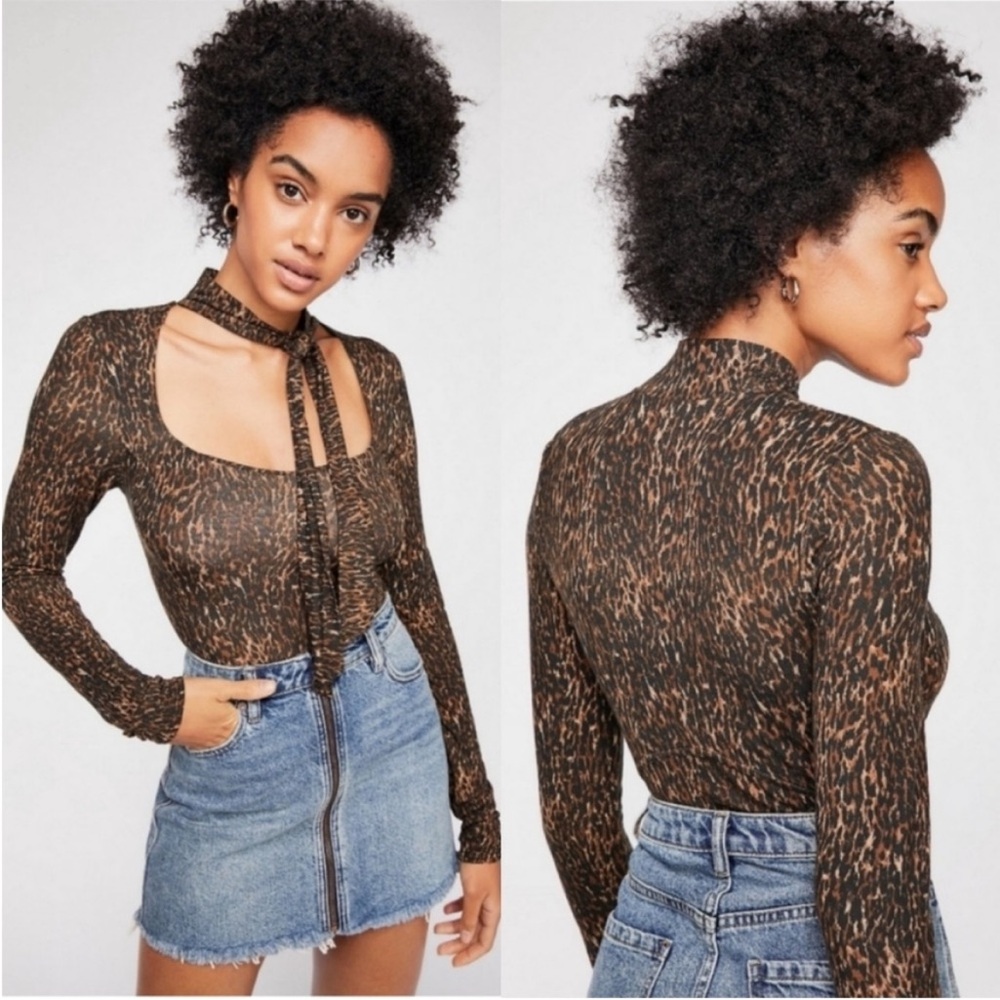 Free People Brown and Black Leopard-Print Long Sleeve Tie-Neck Top